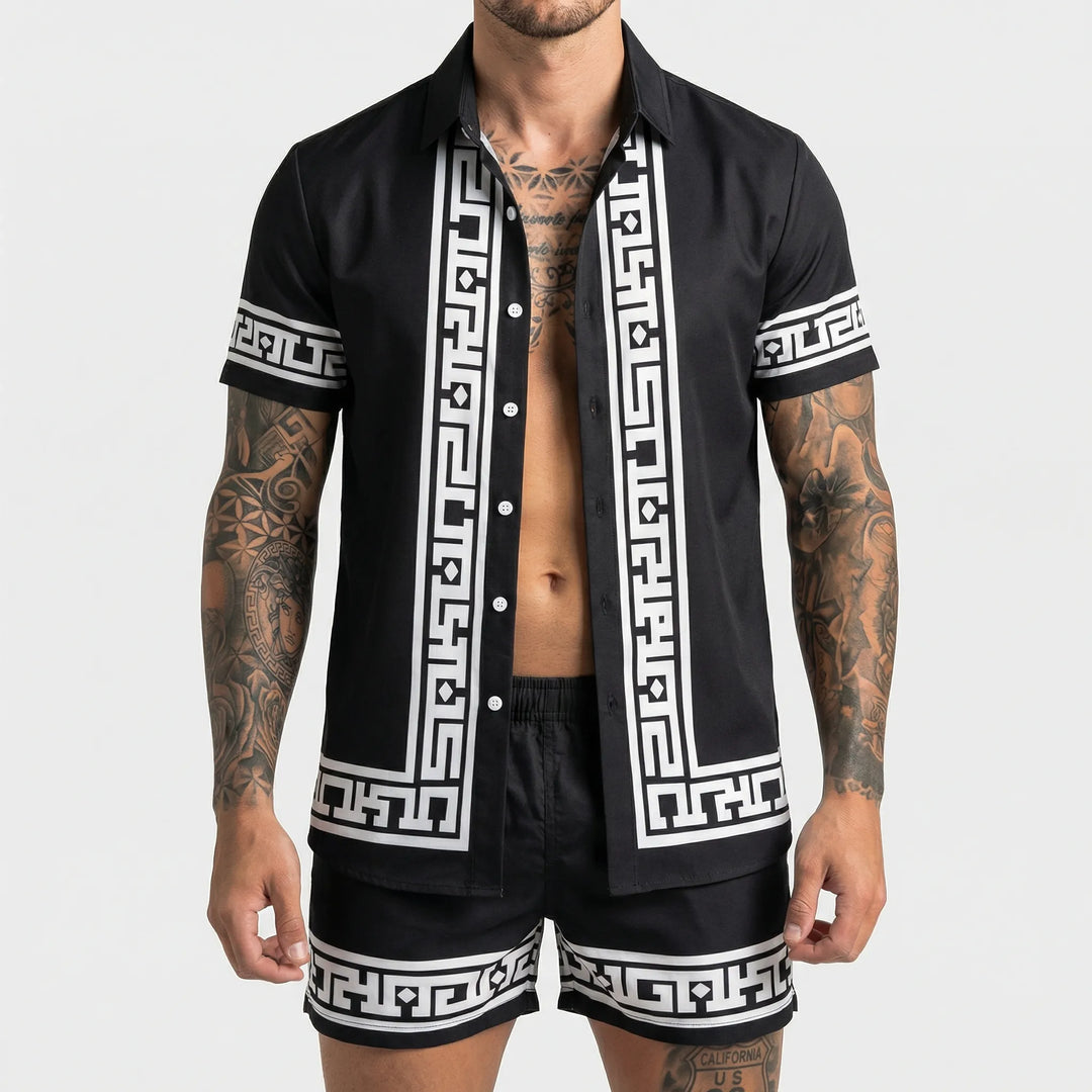 Men's summer two-piece matching set featuring a vibrant bold print, ideal for vacation & casual outings.