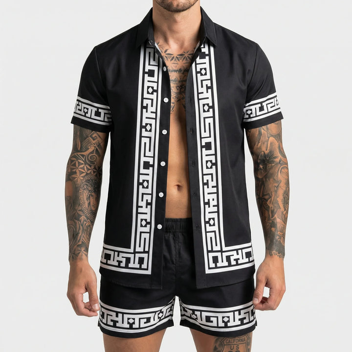 Men's summer two-piece matching set featuring a vibrant bold print, ideal for vacation & casual outings.