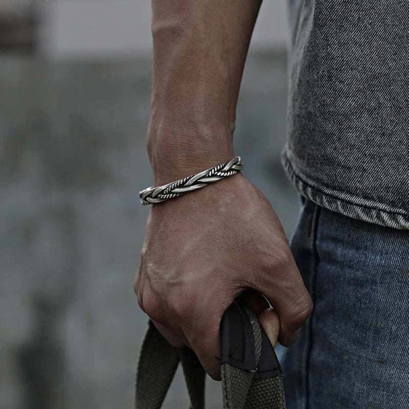 Men's braided sterling silver cuff bracelet, an open & adjustable piece of men's jewelry, perfect gift for him.