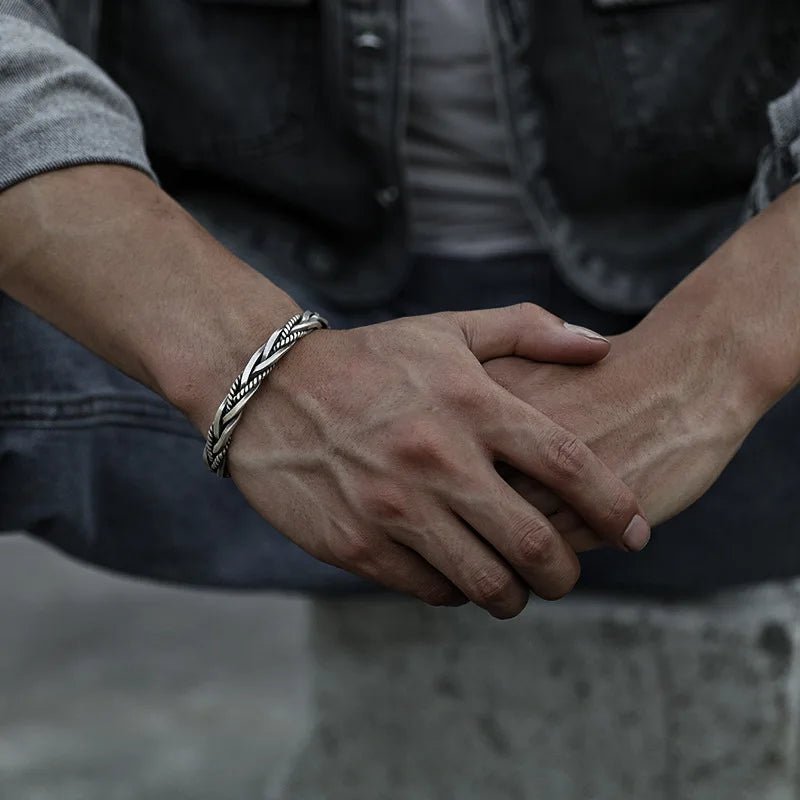 Sterling silver braided open cuff bracelet for men. A stylish & adjustable metal bracelet, ideal for daily wear.