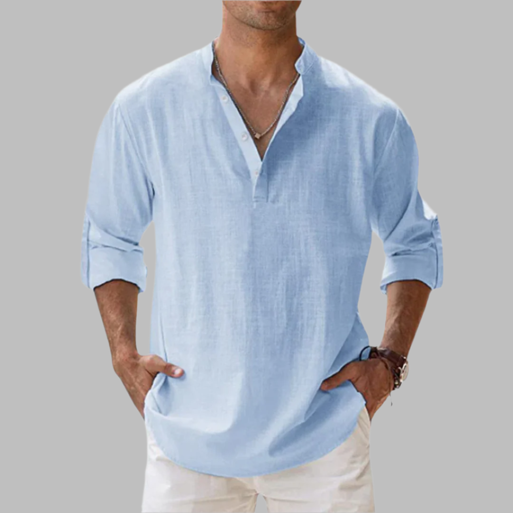 Men's breathable band collar casual shirt for summer comfort and style.