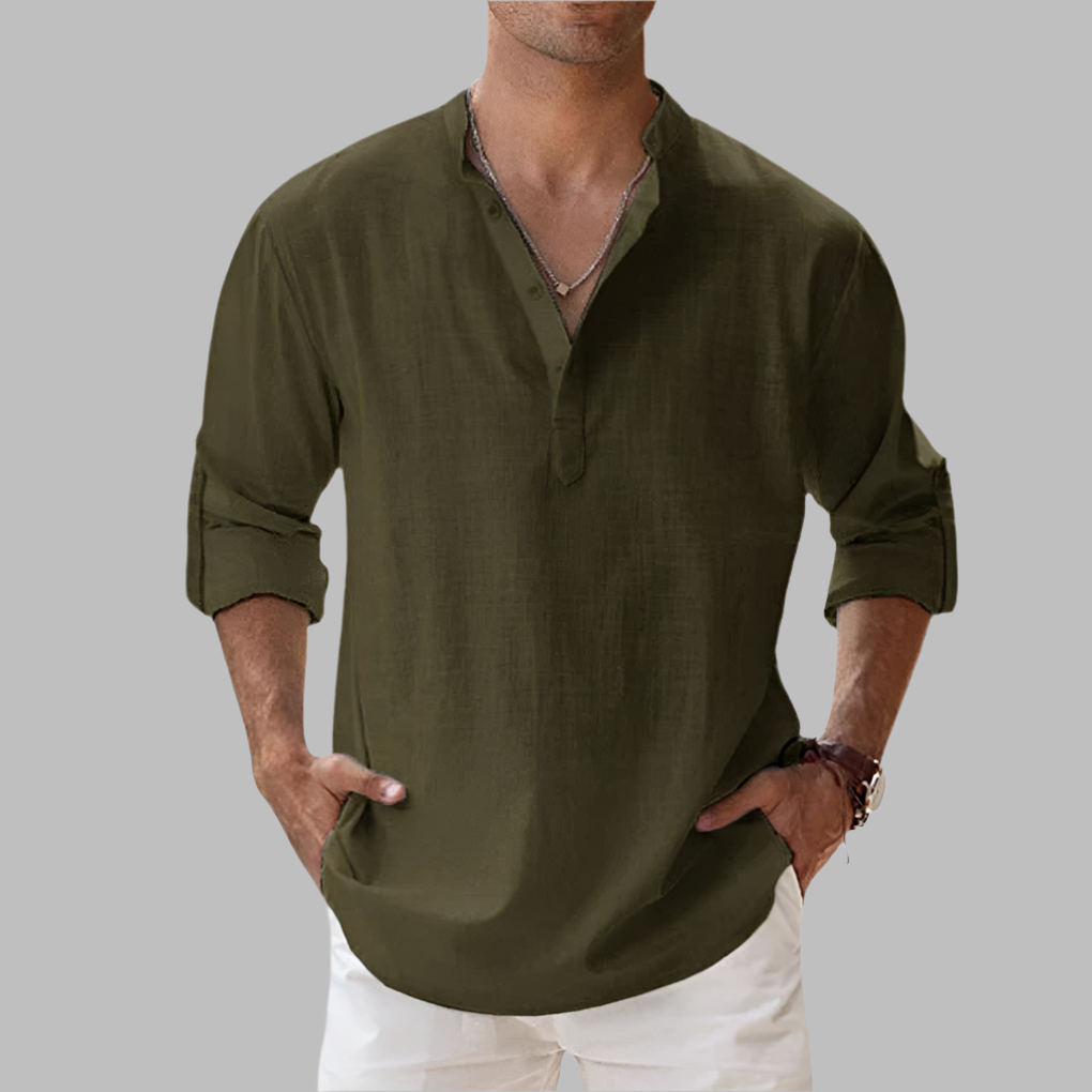 Lightweight men's breathable band collar shirt, loose fit for hot weather comfort.