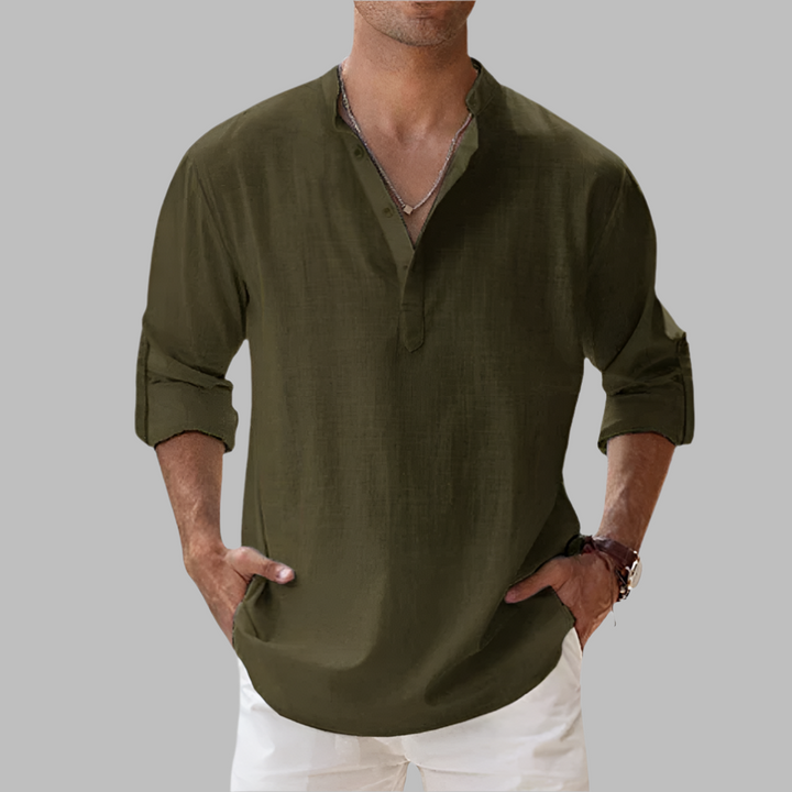 Lightweight men's breathable band collar shirt, loose fit for hot weather comfort.
