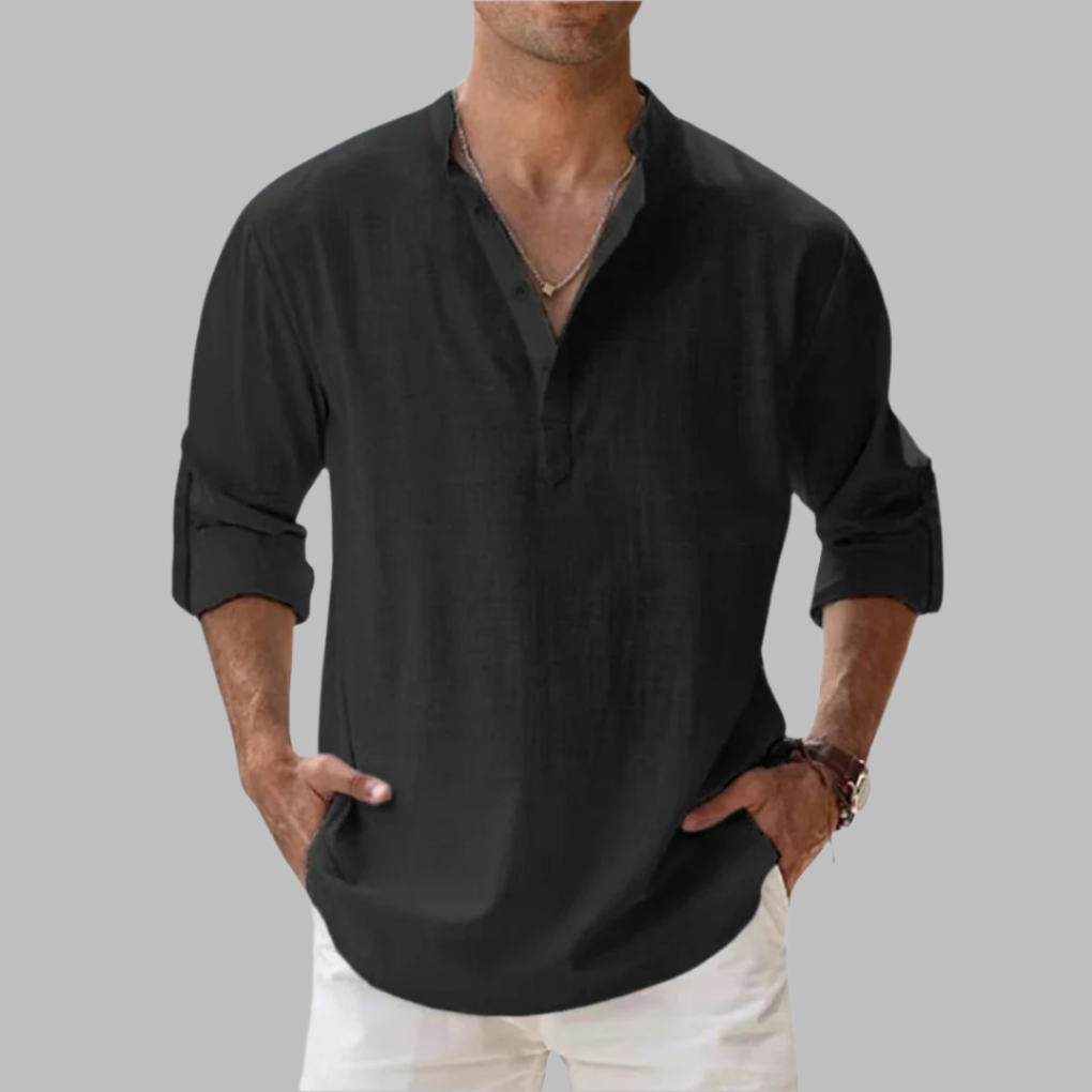 Loose fit men's band collar shirt, ideal for casual summer and resort wear.