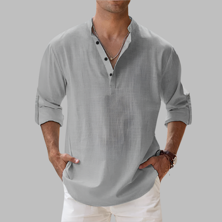 Breathable men's band collar shirt for ultimate summer comfort and casual fashion.