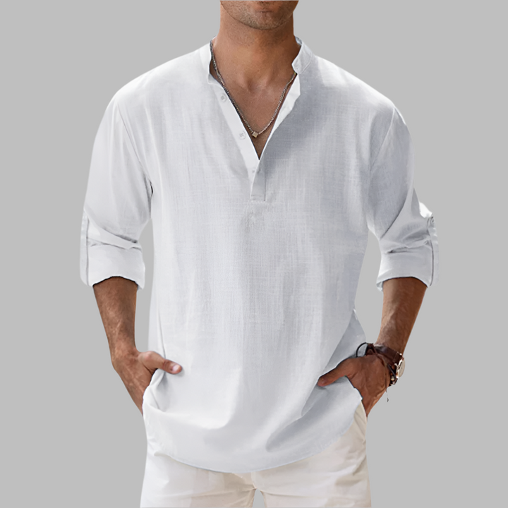 Casual men's band collar vacation shirt, perfect for beach trips and resort wear.