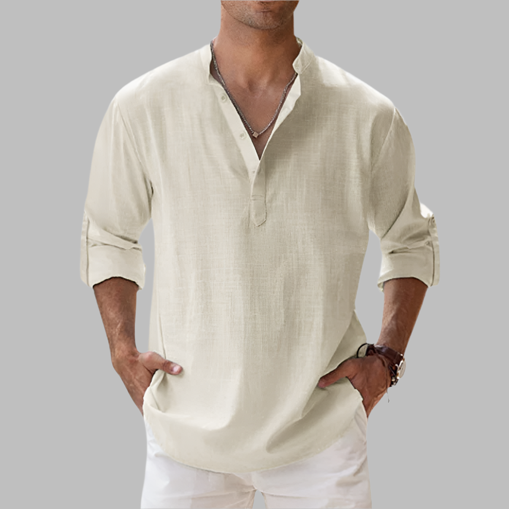 Mens fashion breathable band collar shirt, loose fit for summer & resort comfort.