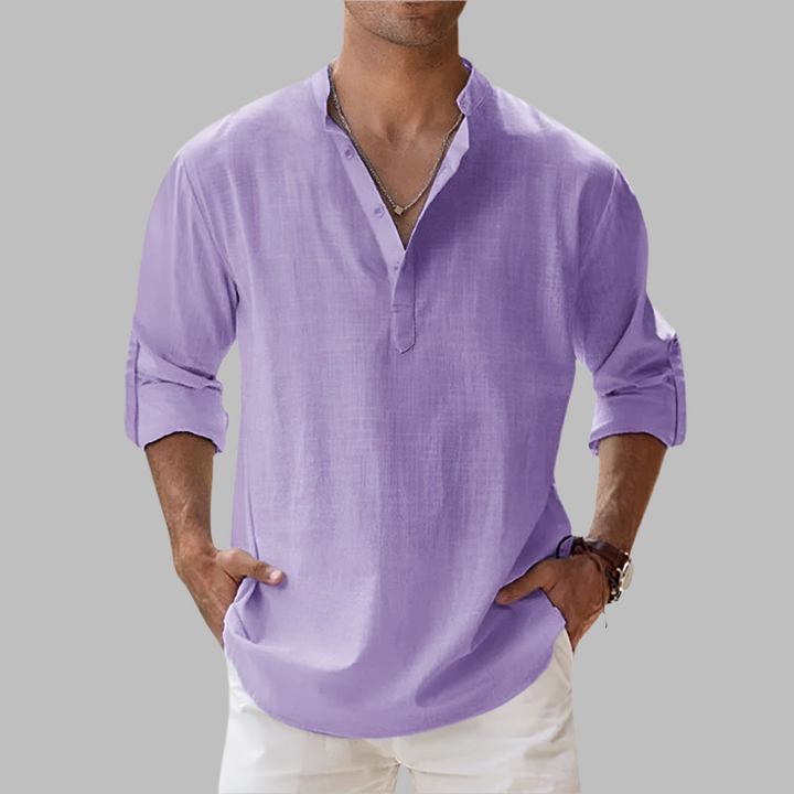 Stylish men's band collar casual shirt; breathable, loose fit for summer resort.