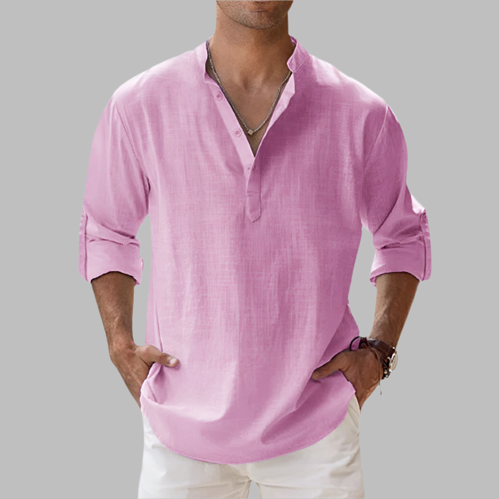 Comfortable men's breathable band collar shirt, loose fit for casual summer fashion.