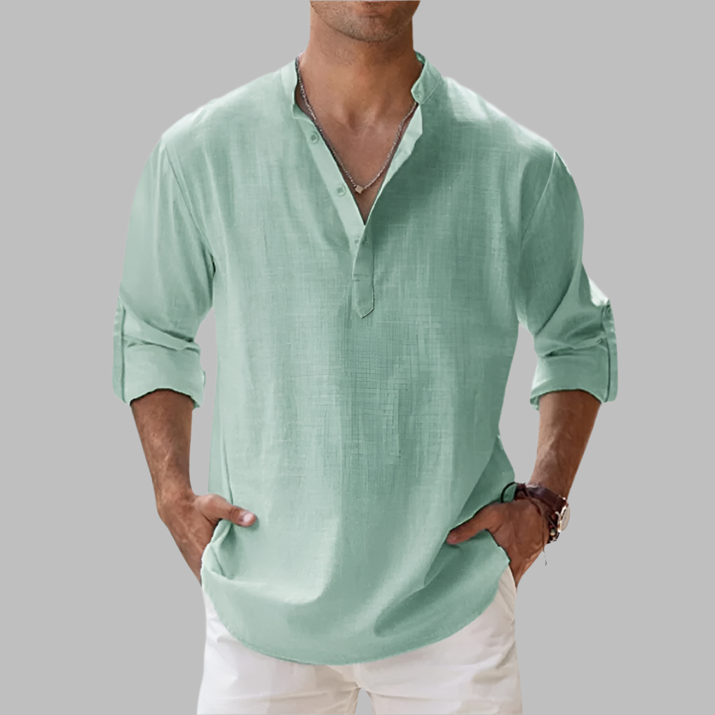 Men's resort wear band collar shirt, breathable and loose for stylish summer comfort.