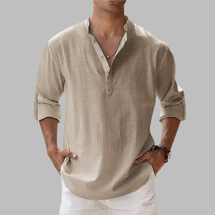 Versatile men's band collar casual shirt, breathable and comfortable for summer travel.