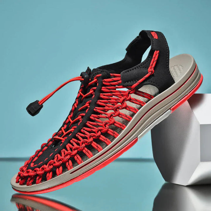 Side view of men's closed-toe sandals with breathable upper and adjustable lacing. Ideal for walking.