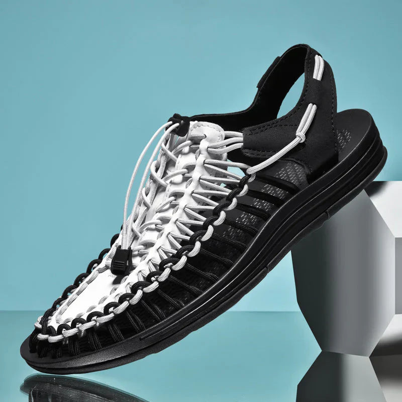 Close-up of the adjustable lace and breathable material on men's closed-toe outdoor sandals.
