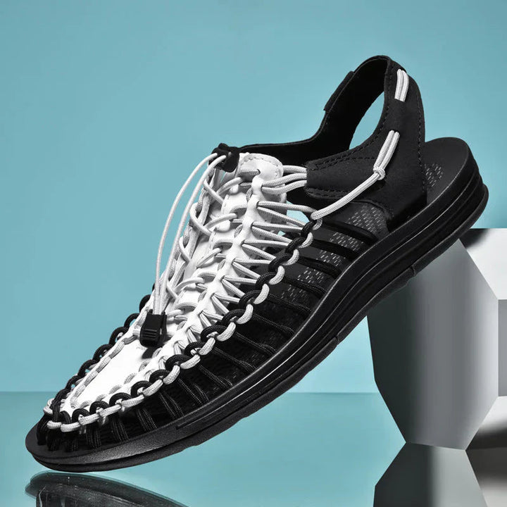 Close-up of the adjustable lace and breathable material on men's closed-toe outdoor sandals.