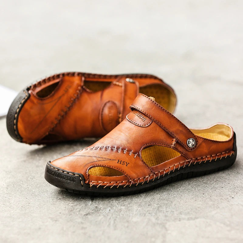 Breathable men's closed-toe slip-on sandals with comfort & arch support for daily wear.