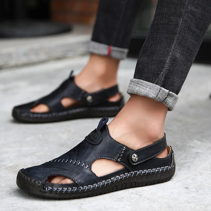 Men's slip-on sandals with adjustable strap, closed-toe, & non-slip sole for secure comfort.