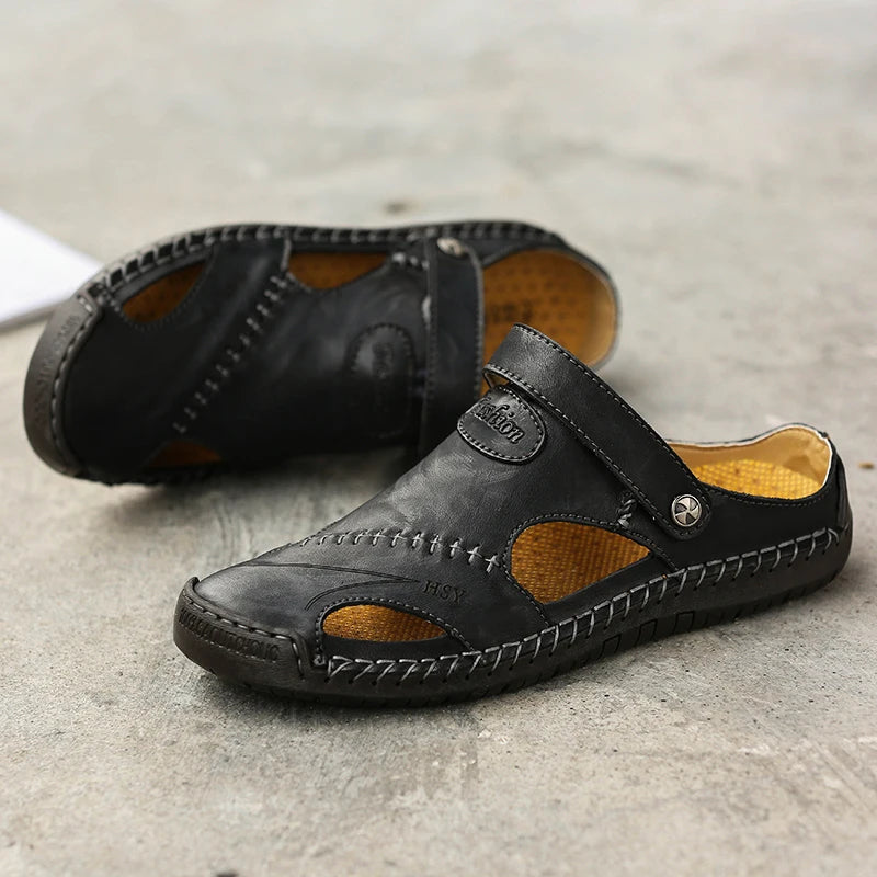 Summer men's closed-toe slip-on sandals, breathable & comfy, great for casual daily wear.