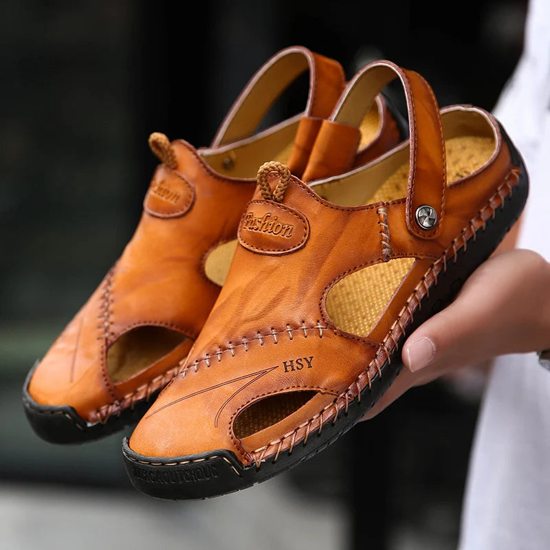 Men's closed-toe slip-on sandals, breathable, non-slip, & adjustable for all-day comfort.