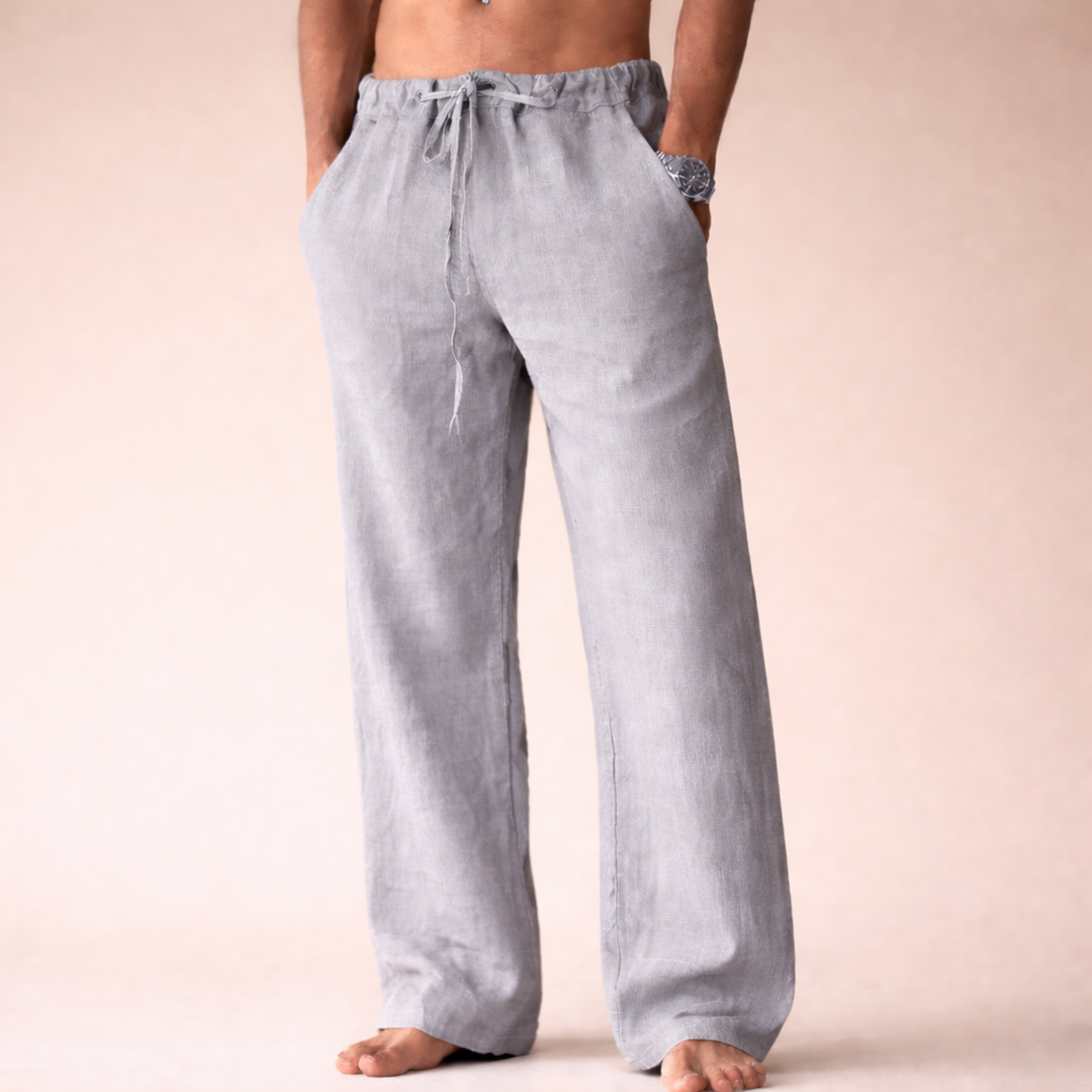 Relaxed fit men's linen casual pants with a comfortable design for warm weather style.