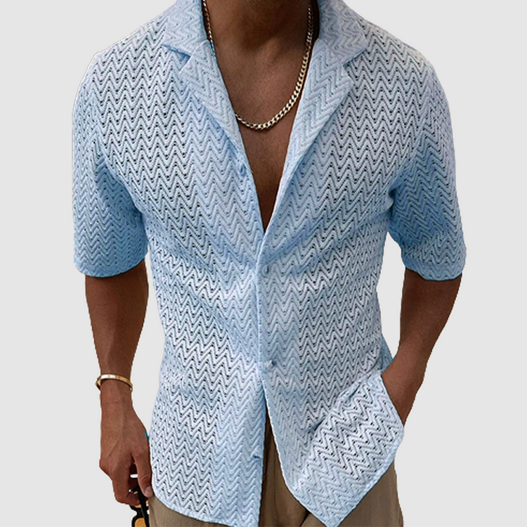 Men's breathable open-weave leisure shirt, perfect for warm summer days. Comfortable relaxed fit short sleeve casual top.