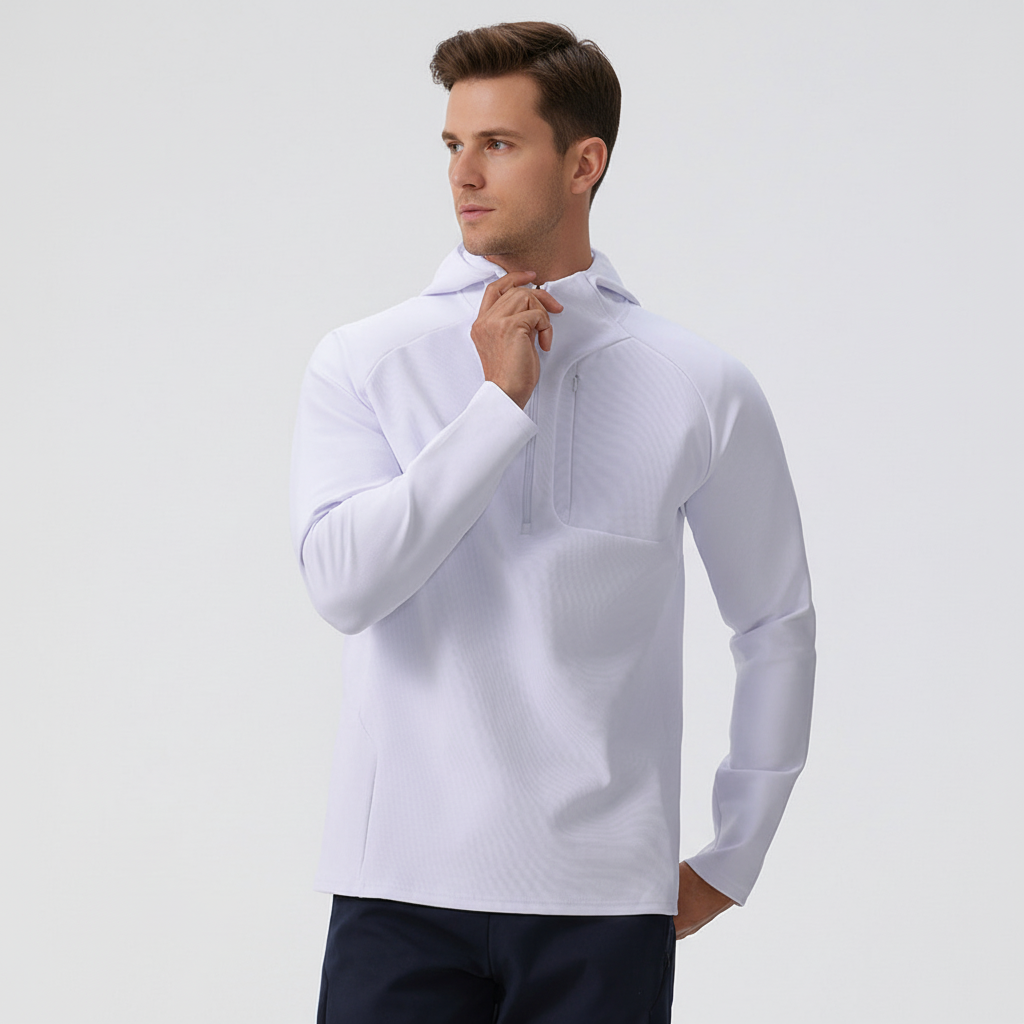 Men's breathable performance half-zip jacket in a modern, athletic design for active wear.