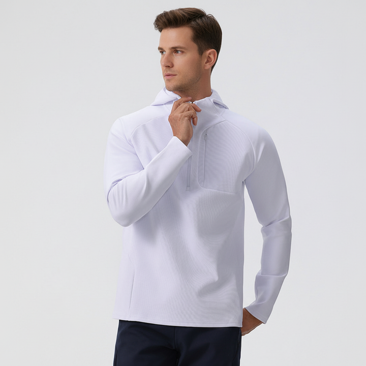 Men's breathable performance half-zip jacket in a modern, athletic design for active wear.