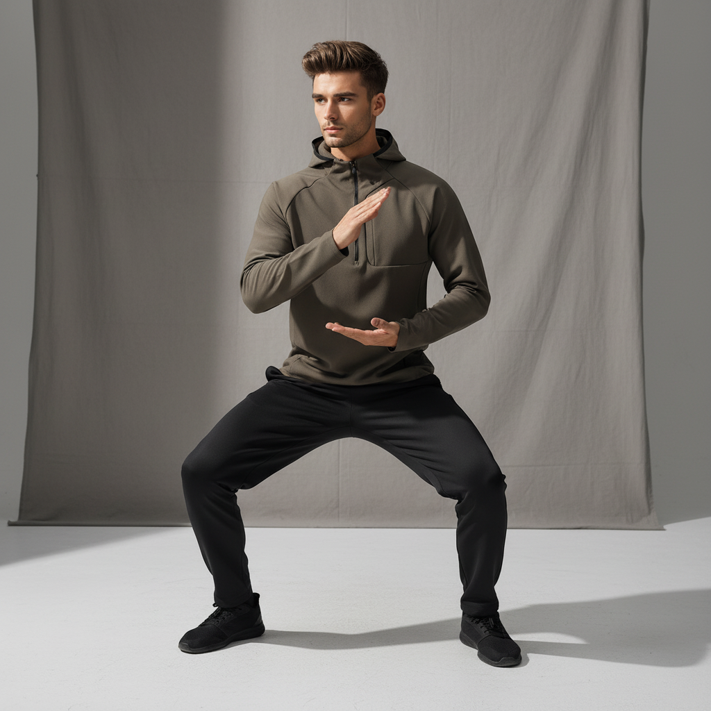 Man in a grey breathable performance half-zip jacket, ideal for gym workouts and running.