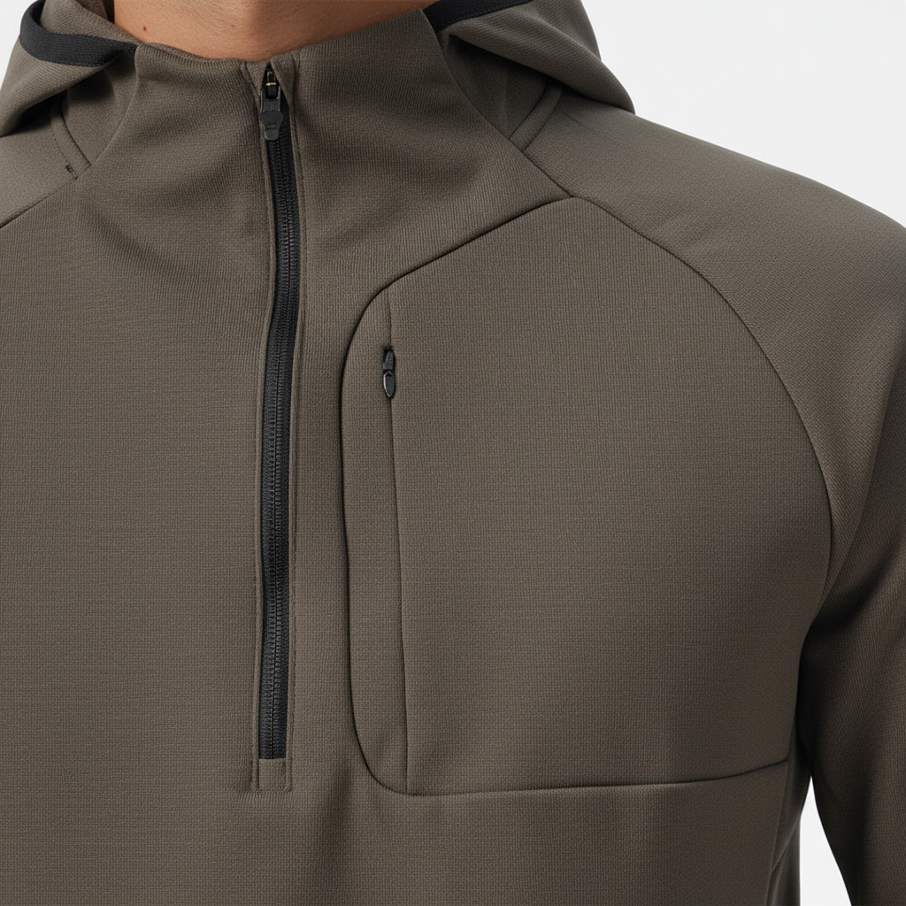 Close-up of the breathable stretch fabric of the men's performance half-zip athletic jacket.