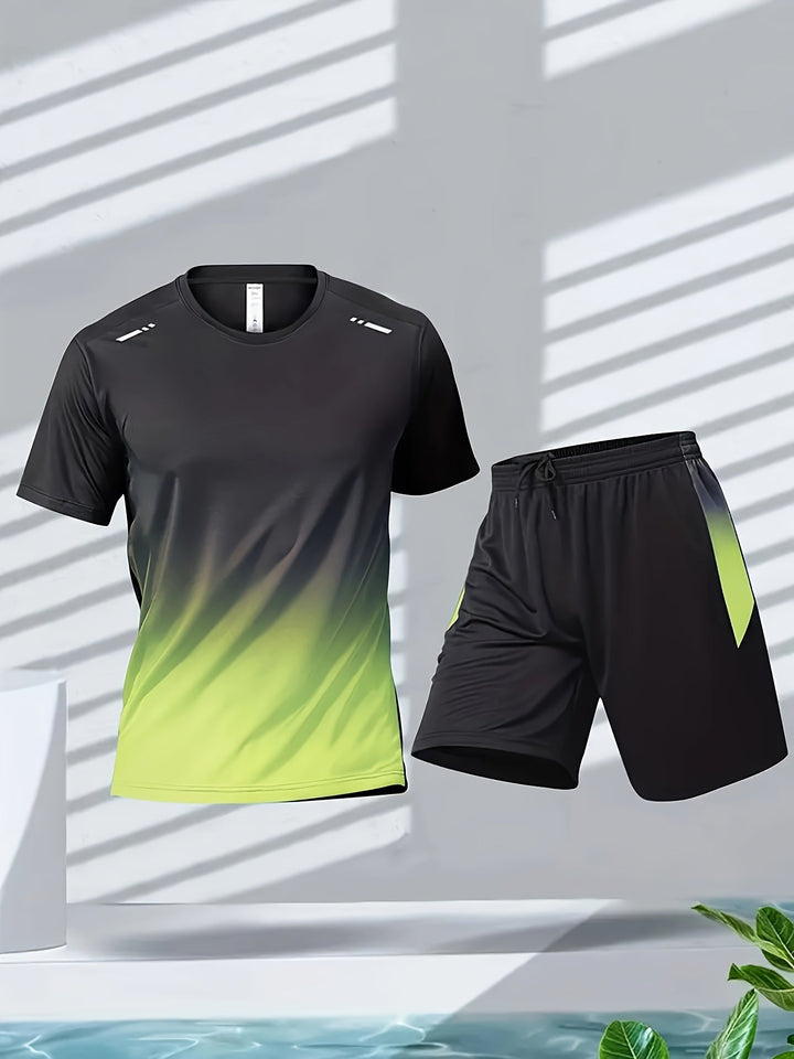 Men's breathable sports t-shirt & shorts set in dark blue, ideal for gym workouts & running.
