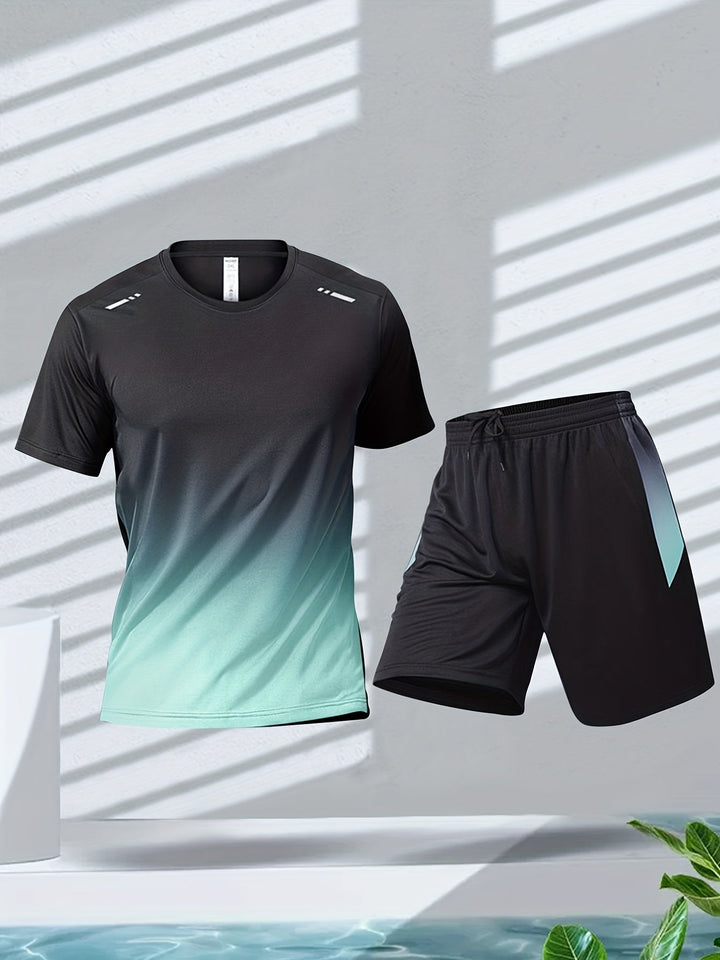 PowerMove men's fitness set with moisture-wicking t-shirt and comfy athletic shorts for active days.