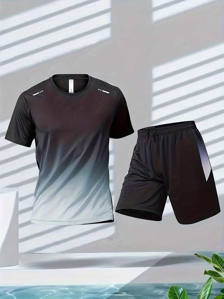 Casual men's gym outfit: quick-dry sports t-shirt and flexible shorts for training & running gear.