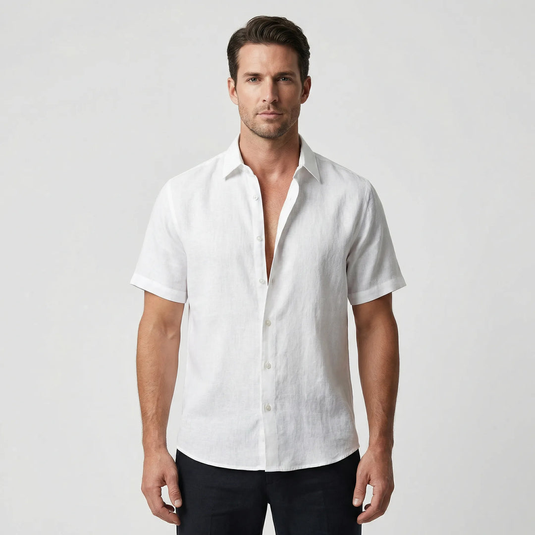 Modern men's breezy button-up shirt, designed for casual style and comfort on warm days.