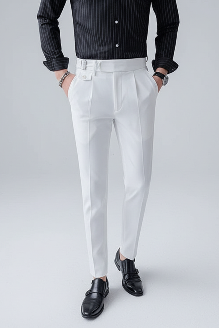 Tailored men's business pants featuring a modern slim fit & elegant pleats for office or formal events.
