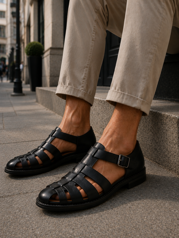 Men's woven leather fisherman sandals, closed-toe design, secure buckle closure, perfect for casual outdoor summer activities.