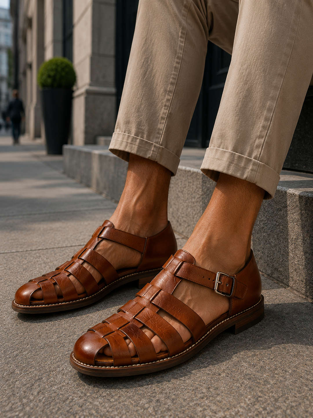 Comfortable men's closed-toe fisherman sandals, adjustable buckle for secure all-day wear, great for walking and beach.