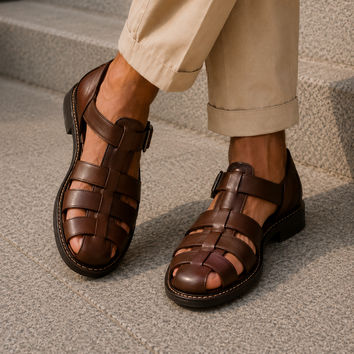 Secure men's closed-toe fisherman sandals, designed for all-day comfort, ideal for beach, outdoor, and casual summer wear.