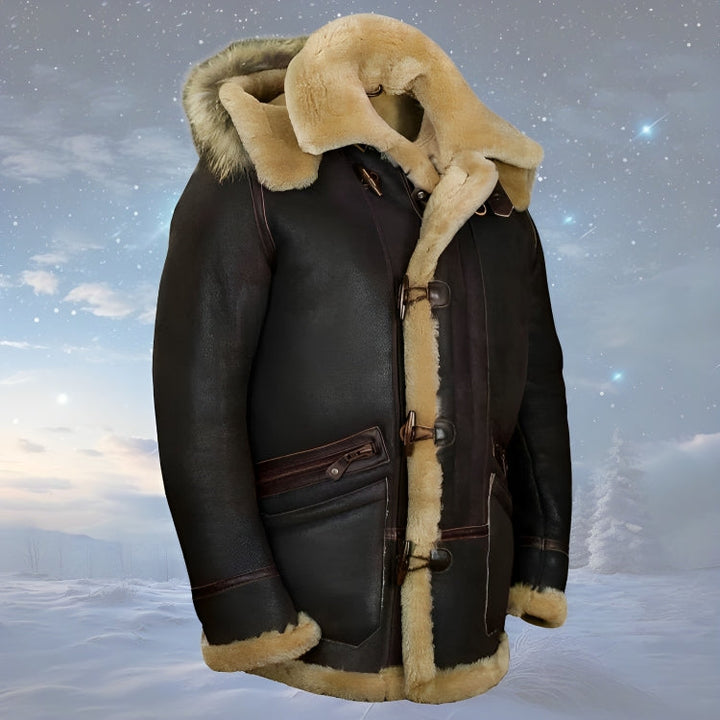 Men's brown padded hooded winter jacket, ideal for cold weather warmth, comfort, and style.