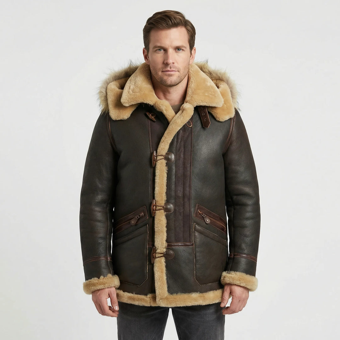 Brown men's padded hooded jacket, a durable winter coat offering warmth and a sleek, tailored fit.