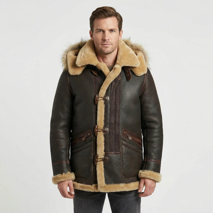 Brown men's padded hooded jacket, a durable winter coat offering warmth and a sleek, tailored fit.