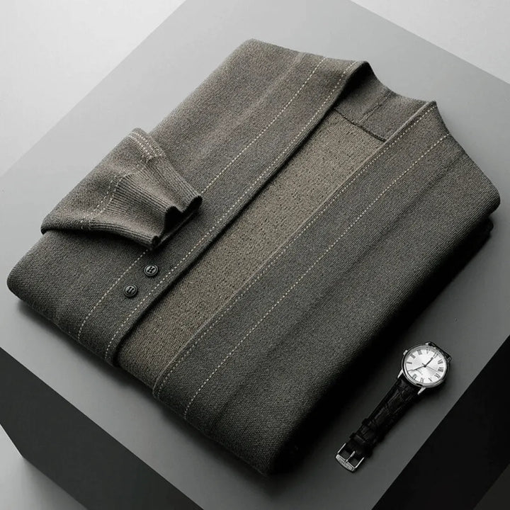 Stylish men's button-front knitwear cardigan, perfect for modern smart casual outfits.