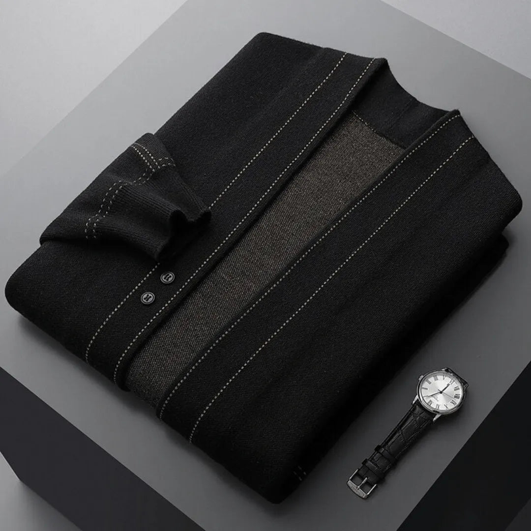 Close-up of a men's button-front knit cardigan, highlighting sophisticated texture & smart casual detail.