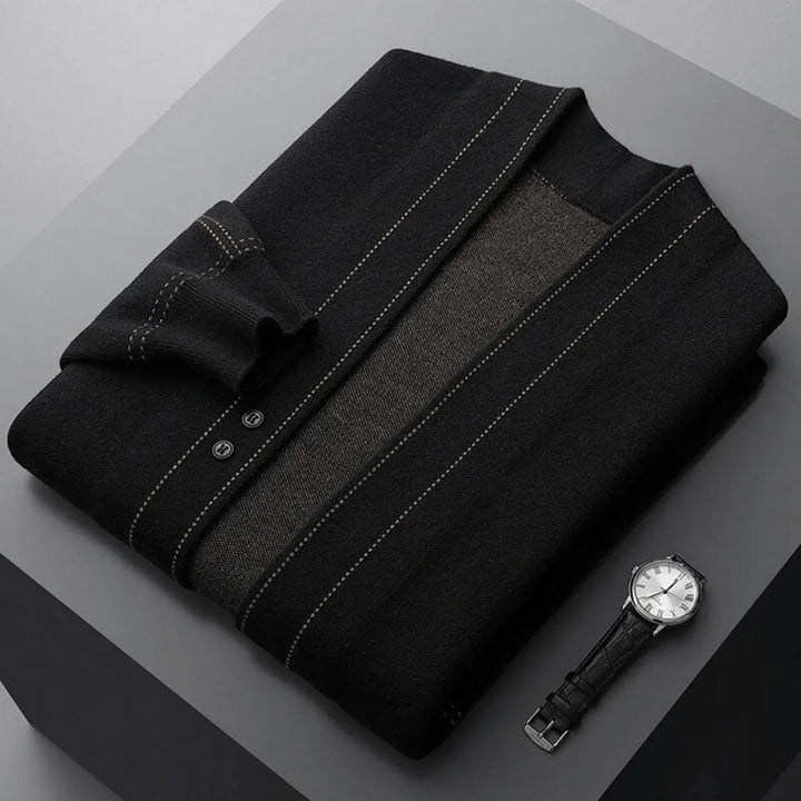 Close-up of a men's button-front knit cardigan, highlighting sophisticated texture & smart casual detail.