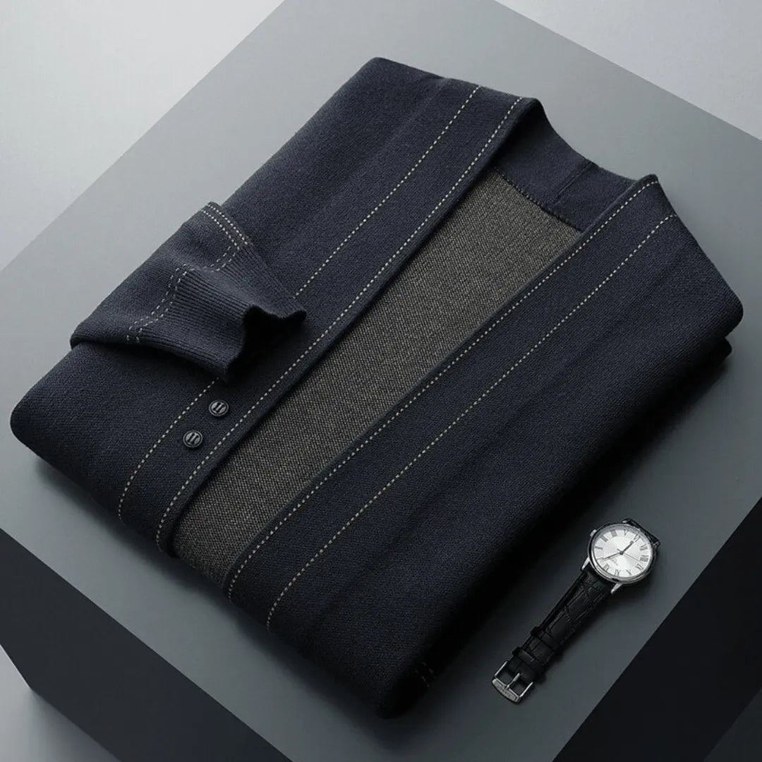 Sophisticated men's button-front knit cardigan, essential for smart casual and everyday menswear fashion.