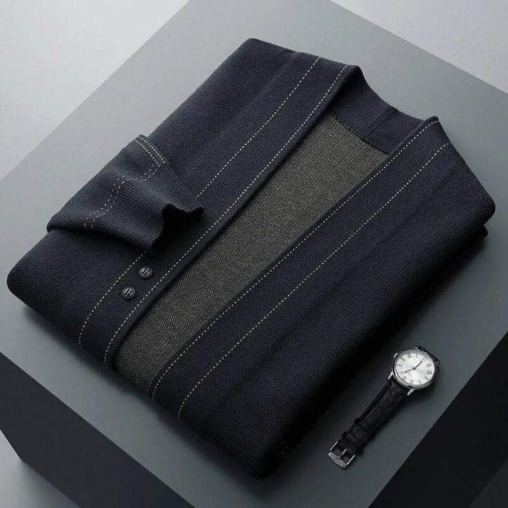 Sophisticated men's button-front knit cardigan, essential for smart casual and everyday menswear fashion.