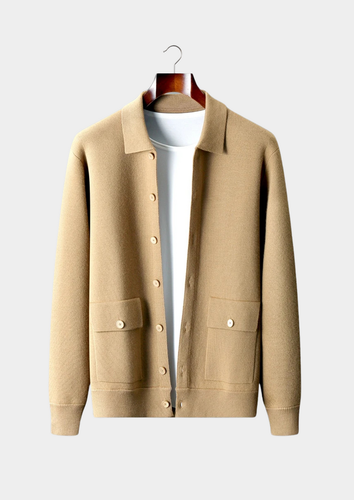 Men's button-up cardigan with patch pockets. Refined, comfortable long-sleeve knit, perfect for casual layering.