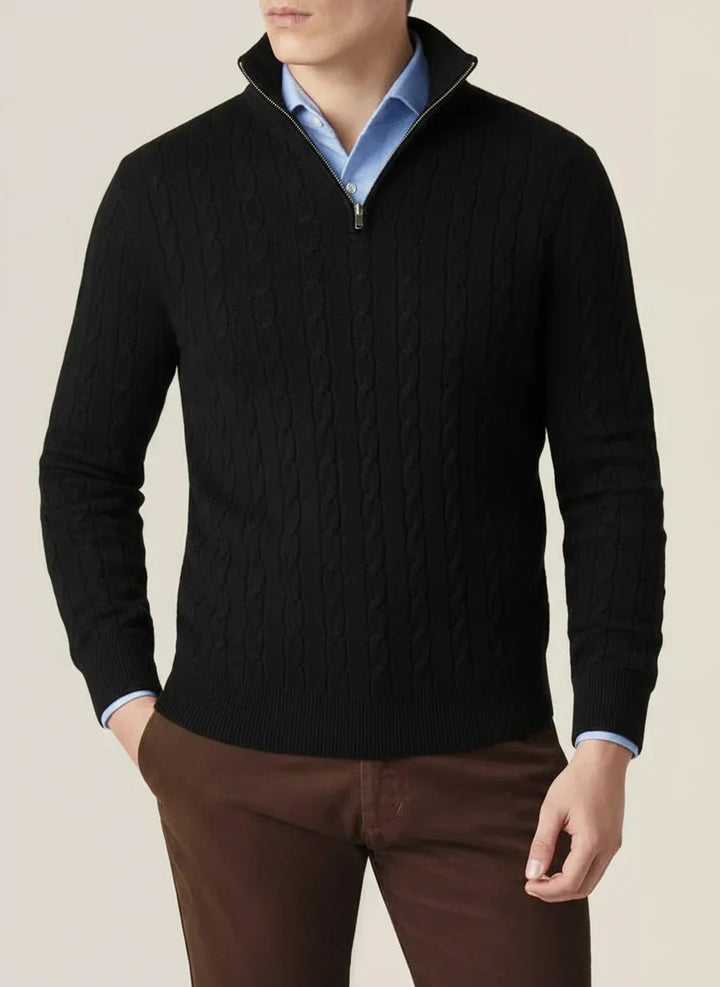 Men's cable knit half-zip jumper with a stylish stand collar, perfect for smart casual winter layering.