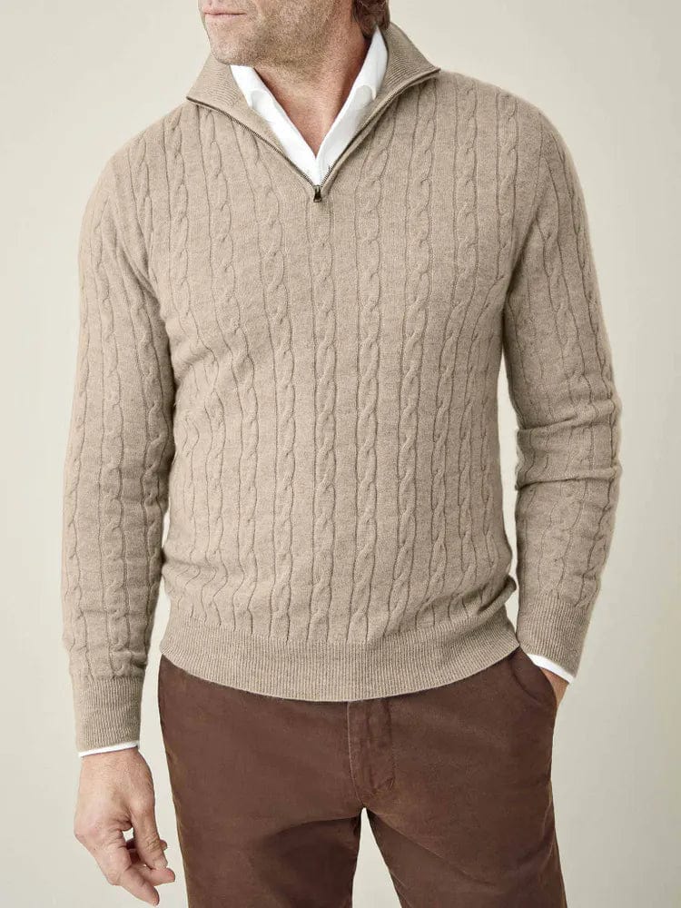 Front view of a men's half-zip cable knit jumper featuring a prominent stand collar for warmth.
