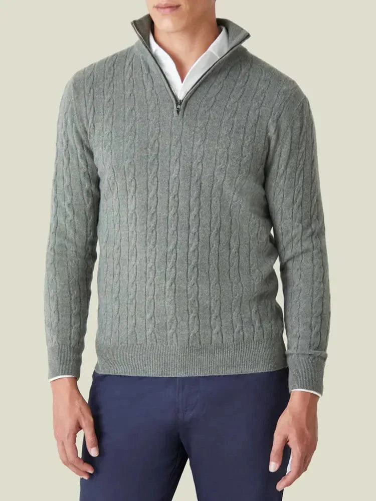 Warm and comfortable men's cable knit pullover jumper with a half-zip and stand collar for winter.