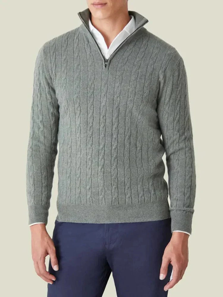 Warm and comfortable men's cable knit pullover jumper with a half-zip and stand collar for winter.