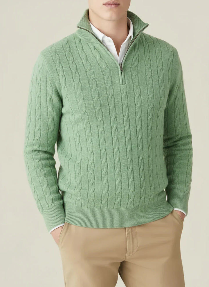 Stylish men's half-zip cable knit jumper with a stand collar, great for casual everyday wear.